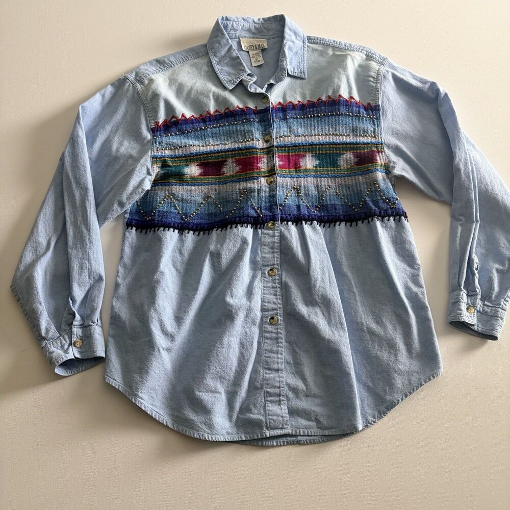 Vintage Casey & Max Southwestern Denim Shirt L/S Embroidered Bead Accents Large